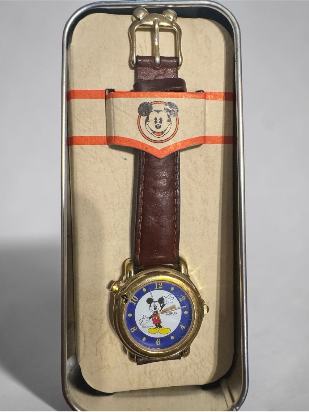 Disney Lorus Mickey Mouse Kids Watch with Gold Case, Blue Dial and Brown Strap
